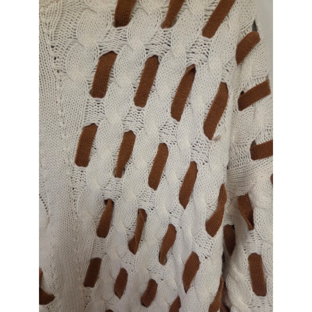 Blue B Collection Cream Brown Cable Knit Sweater Small Cropped Pullover Crewneck - Picture 3 of 6